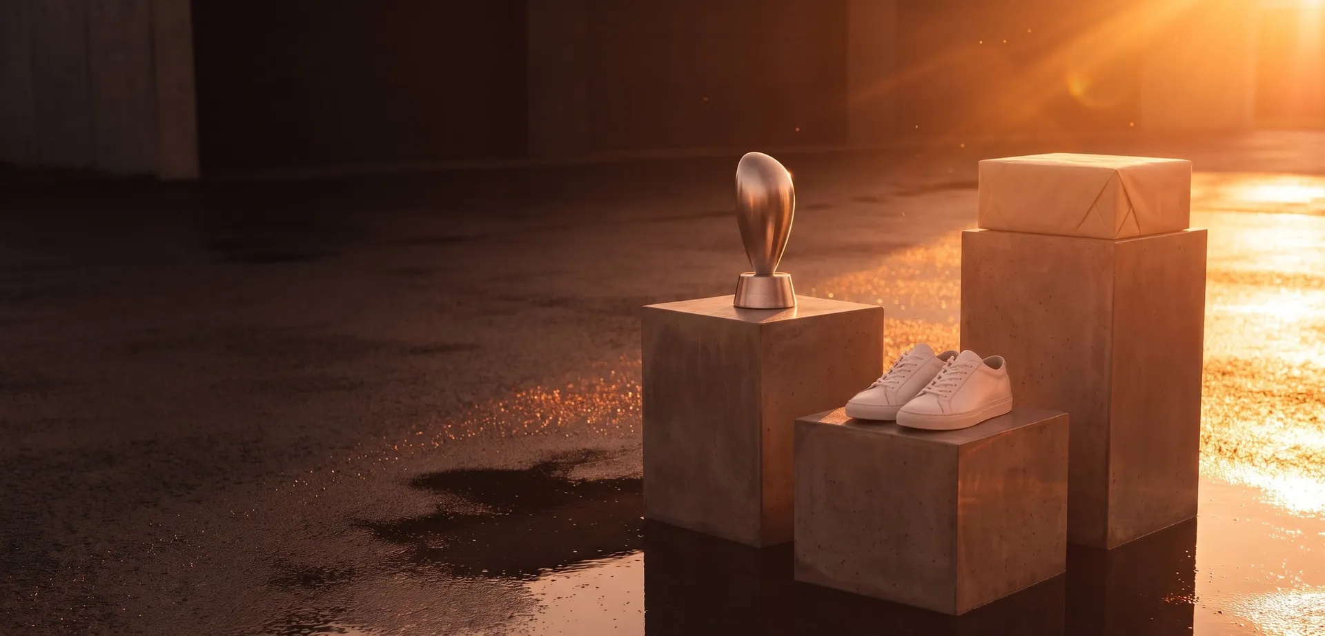 Prizes displayed on concrete plinths of descending height at sunset
