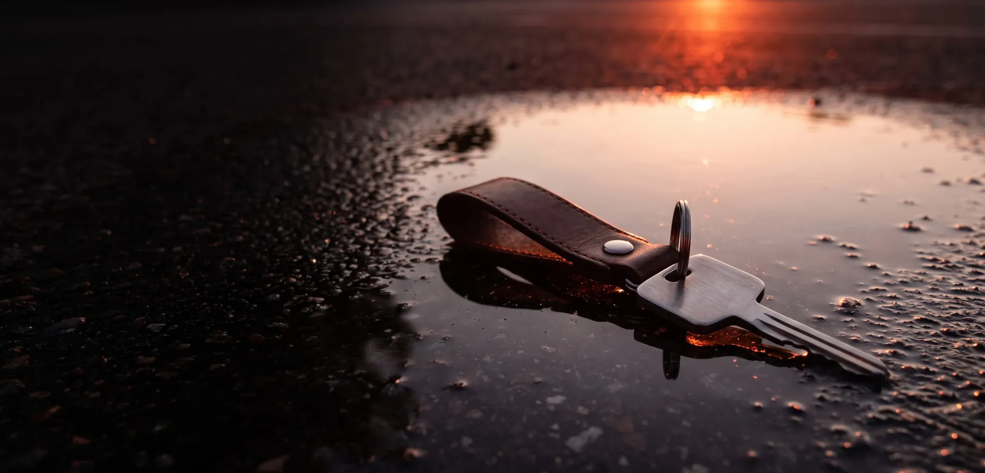 A car key catching the last of the sunset on wet tarmac