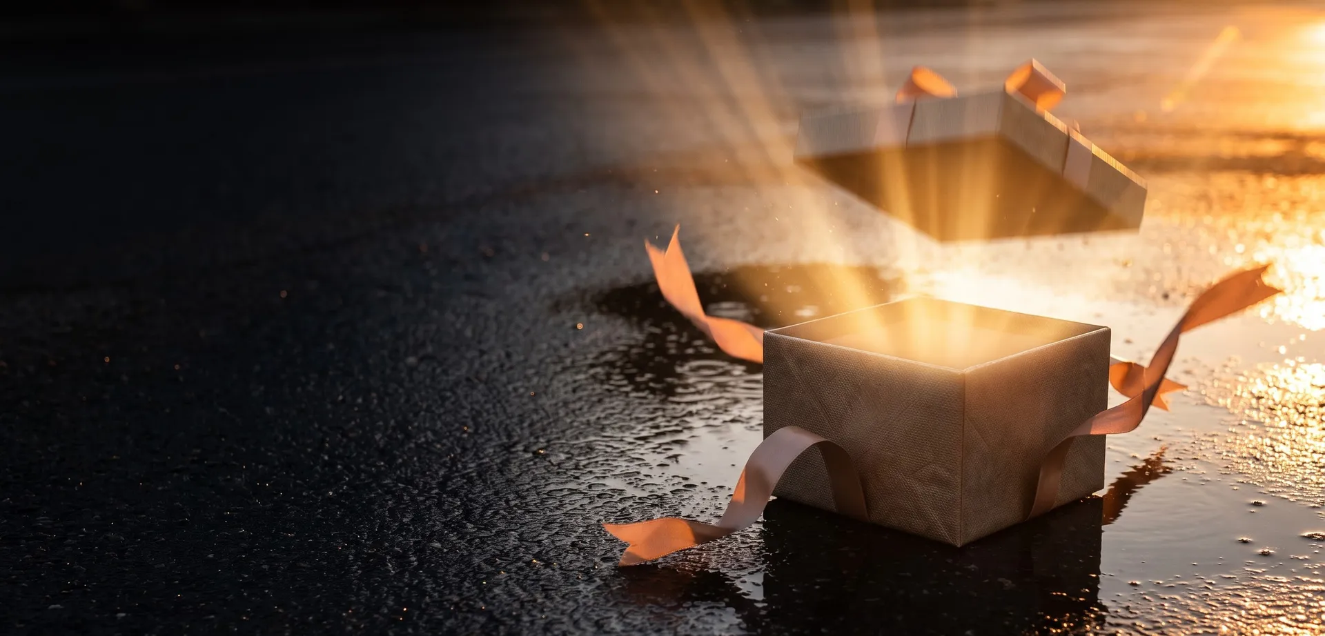 A prize box opening with light bursting out at sunset