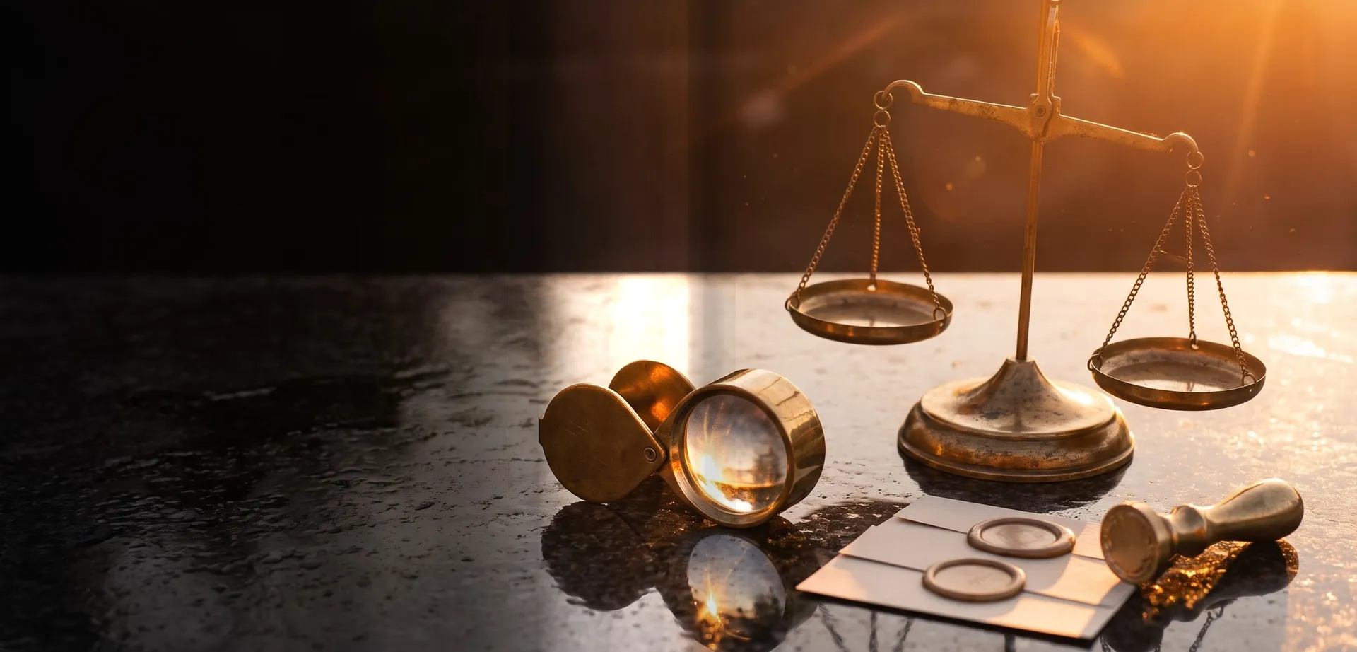 A brass balance scale, magnifying loupe and wax seals on wet stone at sunset