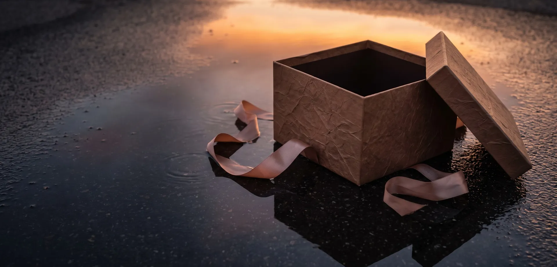 An opened prize box with its ribbon loose on wet ground after sunset